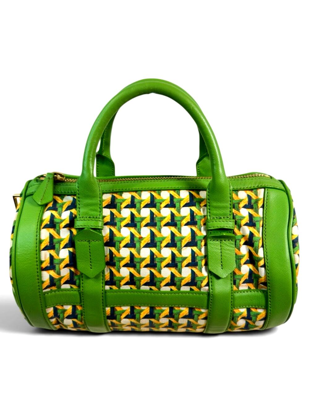 Tory Burch Green Nylon & Leather Boston Satchel Gold Hardware Bag Charm